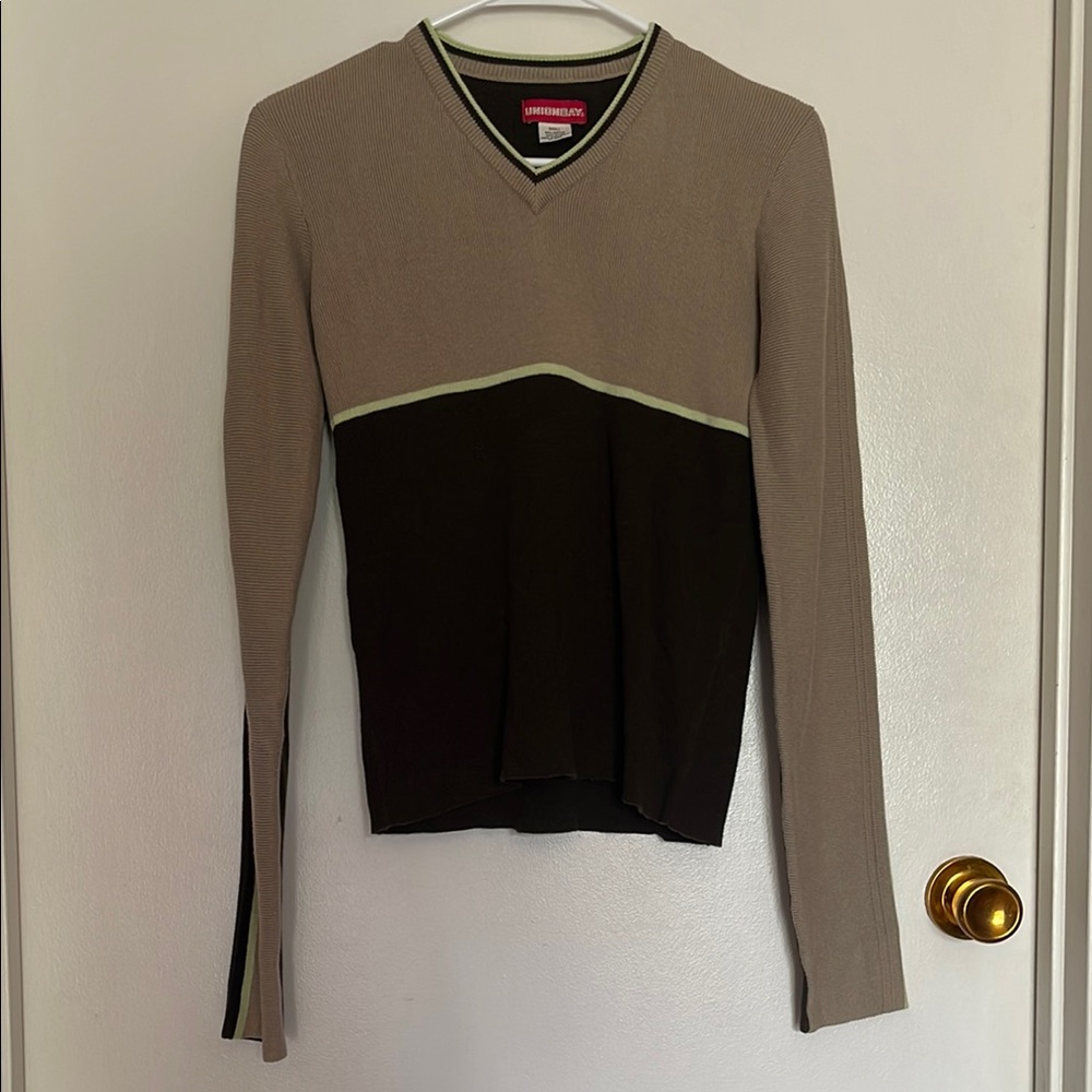 UNIONBAY Fitted Ribbed Long Sleeve Tan and Black Tee (S)